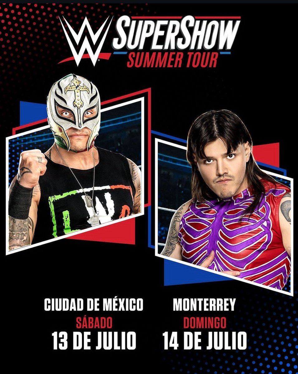 WefLucha's tweet photo. Hoy hay WWE Live en México!
Algunos combates confirmados (cartelera sujeta a cambios).
Rey Mysterio vs Dominik Mysterio.
Cody Rhodes vs Santos Escobar.
Bayley vs Tiffany Stratton.
#WWECDMX https://t.co/tQQQ4MMo0B