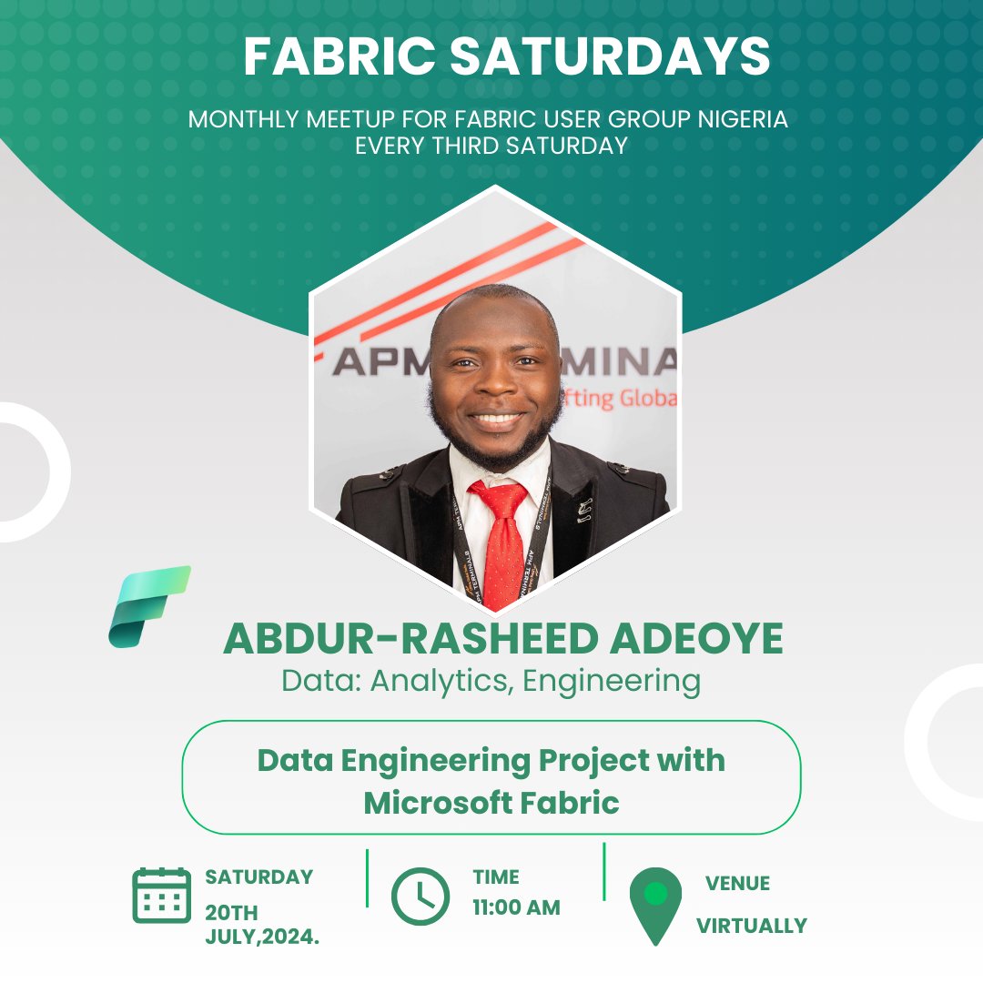Fabric_UG_Naija's tweet photo. Hello Community,

It is Fabric Saturday O'Clock 💃🏽💃🏽💃🏽

Let's Fabricate!!! 

You can also stream on YouTube 
https://t.co/pzat34nIhV

Don't forget to follow us on

LinkedIn: https://t.co/bEj3yUh8Nc

X: https://t.co/UtCL8R4w1u https://t.co/umjwG5wwc8