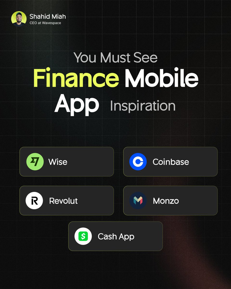 shahidux's tweet photo. You Must See Finance Mobile App Inspiration
🧵 Thread
1.Wise
2. Coinbase
3. Revolut
4. Monzo
5. Cash App
Wavespace is a partner making digital design for future unicorns 🦄
Free UX audit CALL book now,
for your website or app design.
#FinanceApps #MobileAppDesign #UXAudit https://t.co/1U0uQ46Zl1