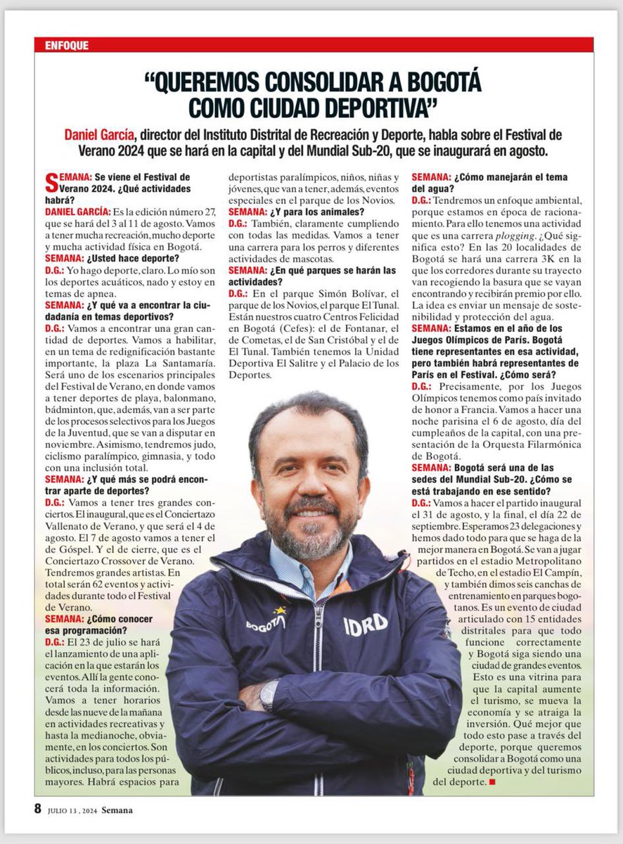 danielgarciacg's tweet photo. "Queremos consolidar a Bogotá como ciudad deportiva", el mensaje desde el @IDRD en entrevista con la @RevistaSemana sobre el Festival de Verano 2024 y el Mundial Sub-20. Una cordial invitación a disfrutar de las actividades que tenemos dispuestas en esta versión 27. https://t.co/oCG3PdUtm0