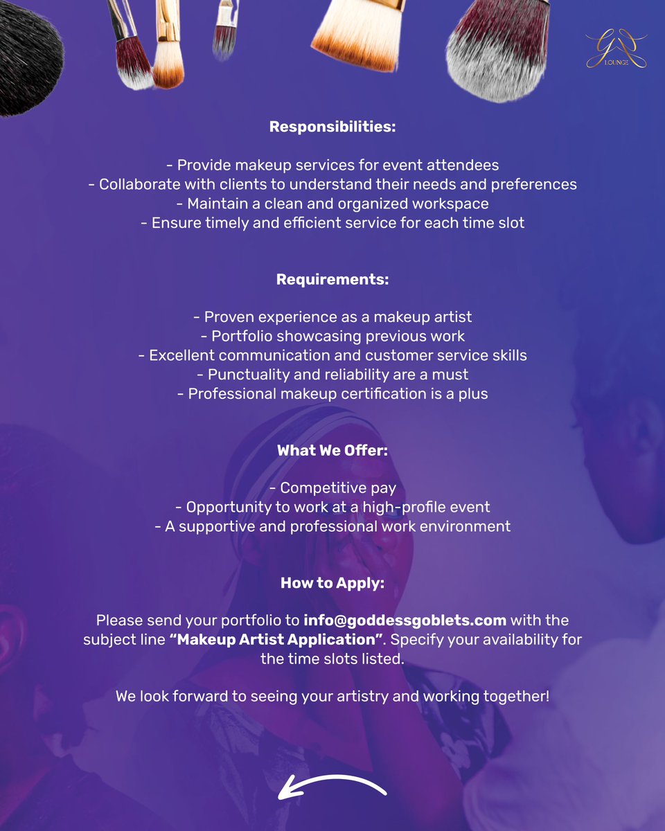 GGlamlounge's tweet photo. Due to high demand, we are looking for talented and experienced makeup artists to join our team. https://t.co/ZWmrbKfZUi
