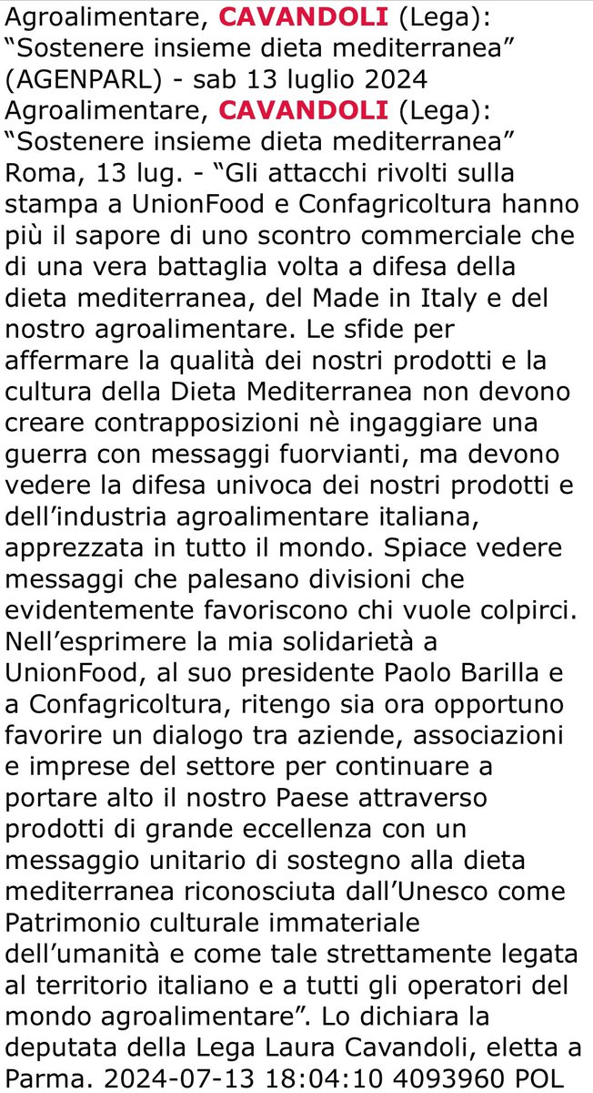 LaCavandoli's tweet photo. #Agroalimentare, #Cavandoli (Lega): Sostenere tutti insieme dieta mediterranea contro chi vuole approfittare delle nostre divisioni. Solidarietà a #UnionFood e a #Confagricoltura, le istituzioni devono favorire il dialogo https://t.co/XN3QXaC8xO