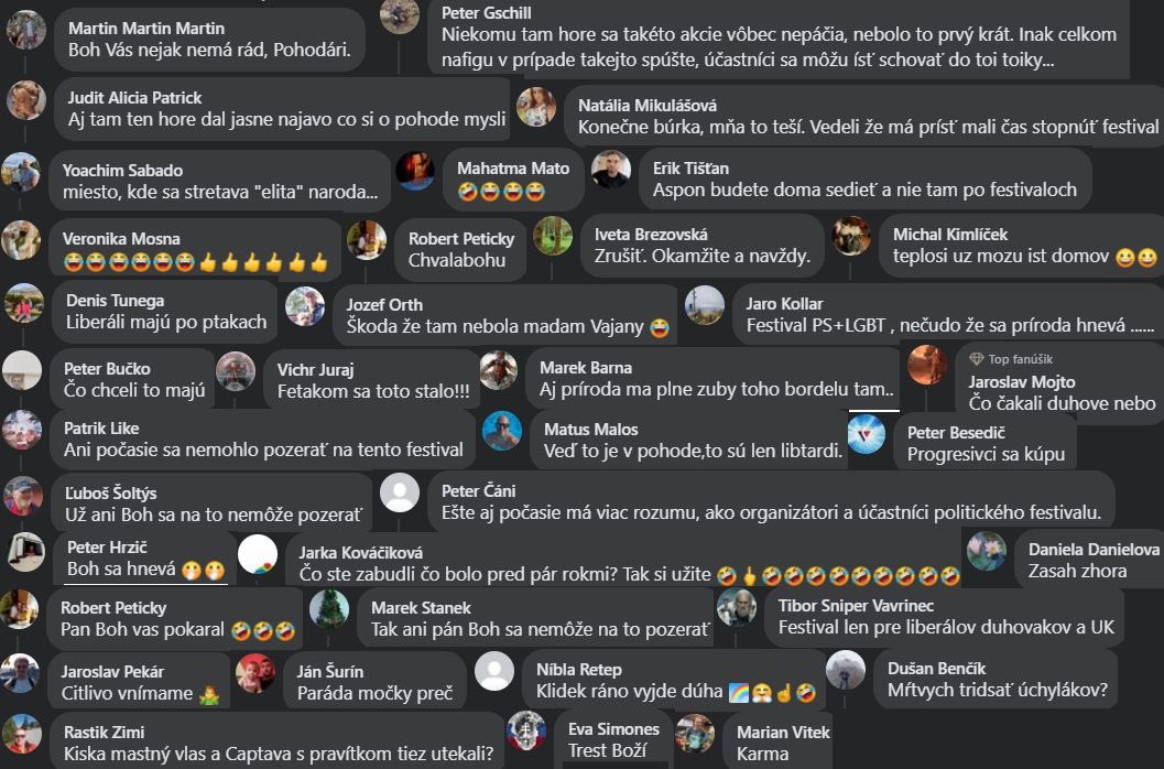 MCynik's tweet photo. “Opozícia rozosieva nenávisť.”
“Otras, niekomu priať smrť a nešťastie.”

Reakcie opačného tábora na búrku na Pohode. https://t.co/xuK4vX6n57