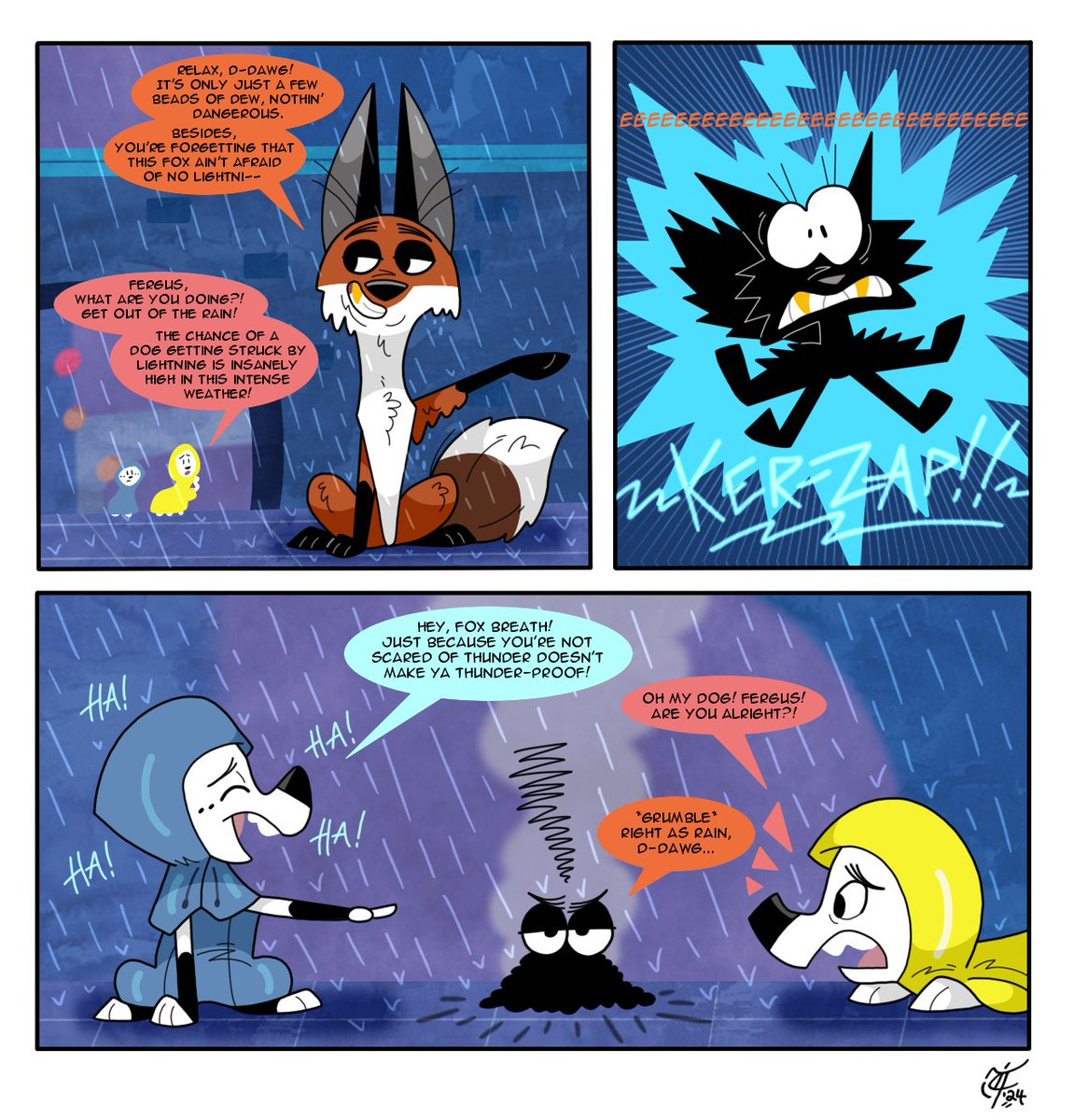 ScooterDoodles's tweet photo. A 101DS-related comic commission for @DanukiStudio - Fergus learns the hard way about lightning safety 💬🐾🦊🌧️⚡😏 #101DalmatianStreet #DollyDalmatian #DylanDalmatian #Fergus #rainyday #lightningstrike #shockingisntit #comic #fanart #commissionart https://t.co/ETHoCEfT6g