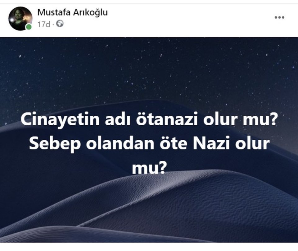 “Cinayetin Adı,
Ötanazi olur mu,
Sebep olandan öte nazi olur mu!”
Mustafa Arıkoğlu
<a href="/m_arikoglu/">Mustafa Arıkoğlu</a> 

#Ötanazi
#UyutmakCinayettir 
#UyutmaYaşat