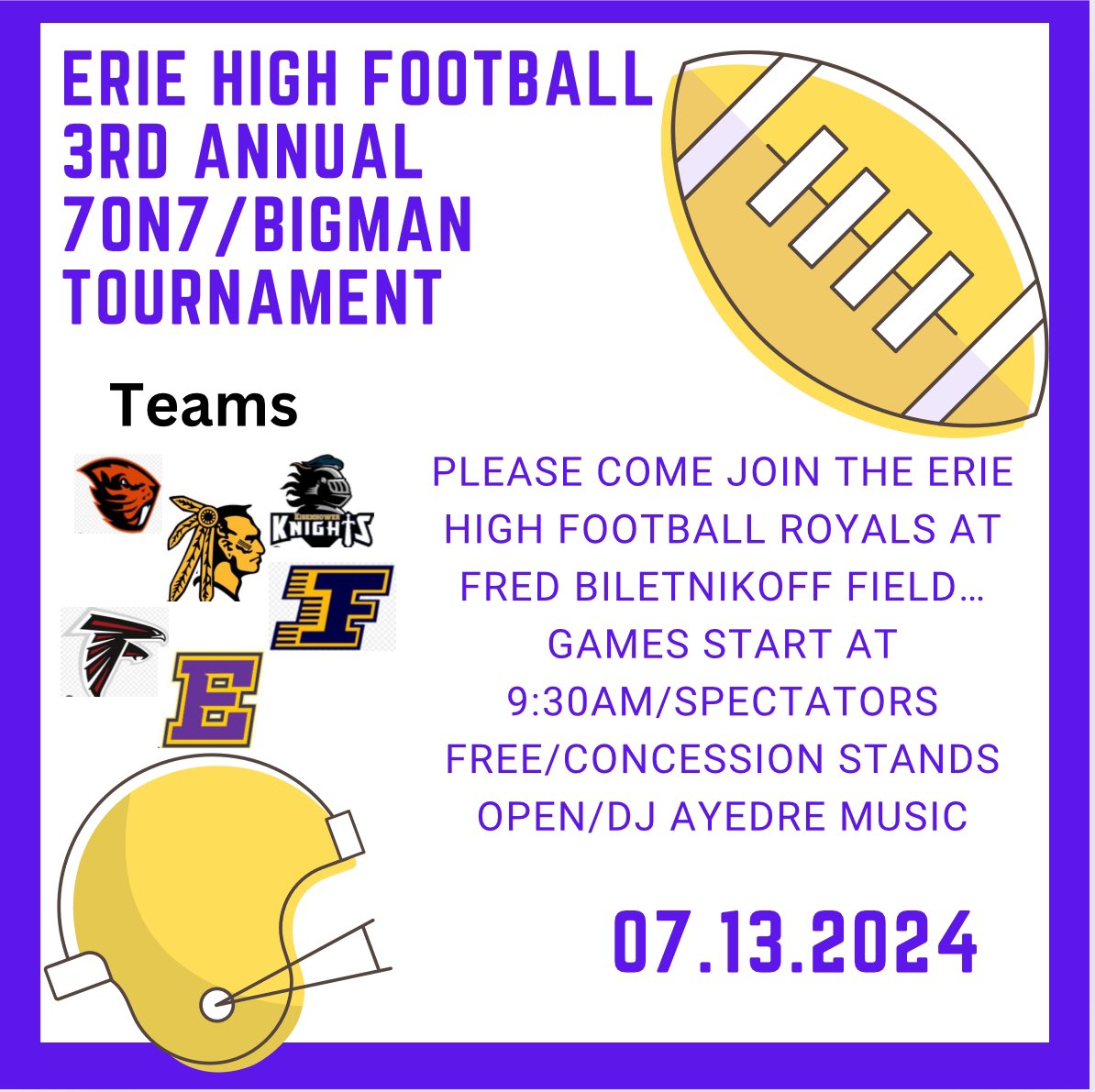 Ehs_FBboosters's tweet photo. 3rd annual erie royals 7v7 tournament/ Fred Belitnikoff Challenge.  Happening now at Fred Belitnikoff field https://t.co/SymVkmnAlG