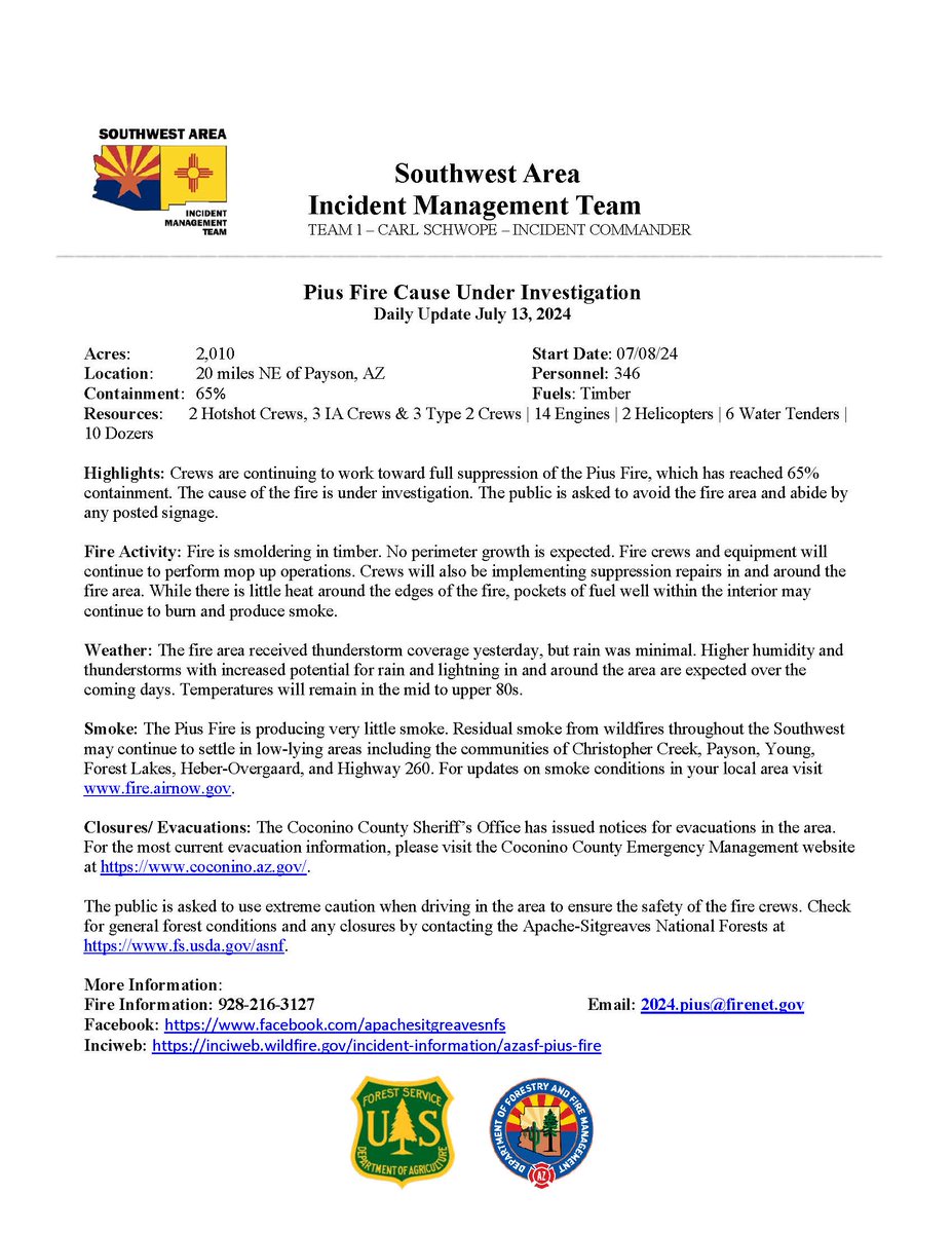 Pius Fire - Daily Update - July 13, 2024
Highlights: Crews are continuing to work toward full suppression of the Pius Fire, which has reached 65% containment. The cause of the fire is under investigation. The public is asked to avoid the fire area and abide by any posted signage.