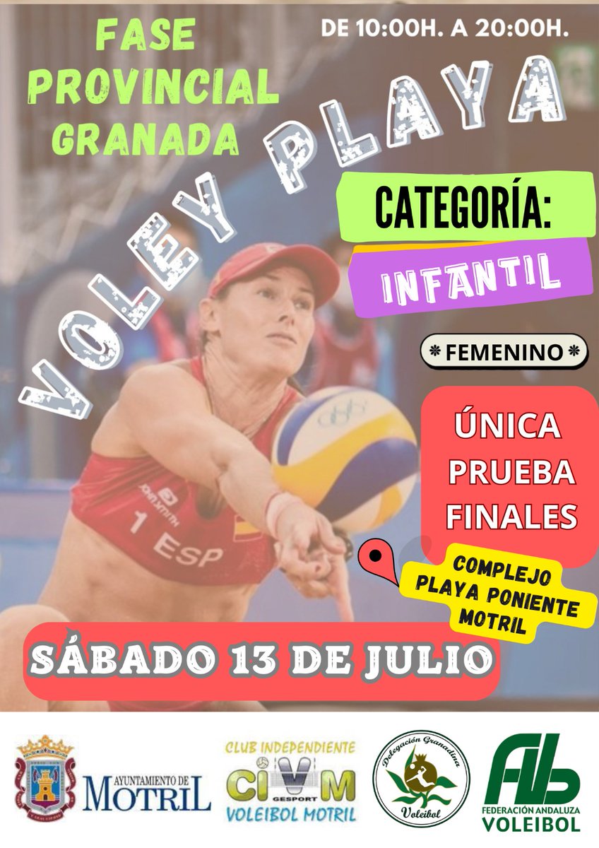 ❤️🏐💚💪1️⃣3️⃣ DE  JUNIO-24📢 FASE PROVINCIAL DE VOLEY PLAYA EN CATEGORÍA INFANTIL FEMENINA. LA SEDE PARA ESTA ÚNICA PRUEBA FINAL SERÁ EN LAS PISTAS DE VOLEY PLAYA DE MOTRIL💪
<a href="/FAVB_/">FAVB</a> <a href="/DeporteAND/">Andalucía es Deporte</a> <a href="/albolotecv16/">CD ALBOLOTE CLUB VOLEIBOL'16</a> <a href="/Vb_HuetorVega/">CV Huétor Vega</a> <a href="/civmotril/">Club Independiente Voleibol Motril</a> <a href="/VoleibolGojar/">VOLEIBOL GÓJAR</a> <a href="/VbEscolapios/">Voleibol Escolapios</a> <a href="/aytomotril/">Ayuntamiento Motril</a>