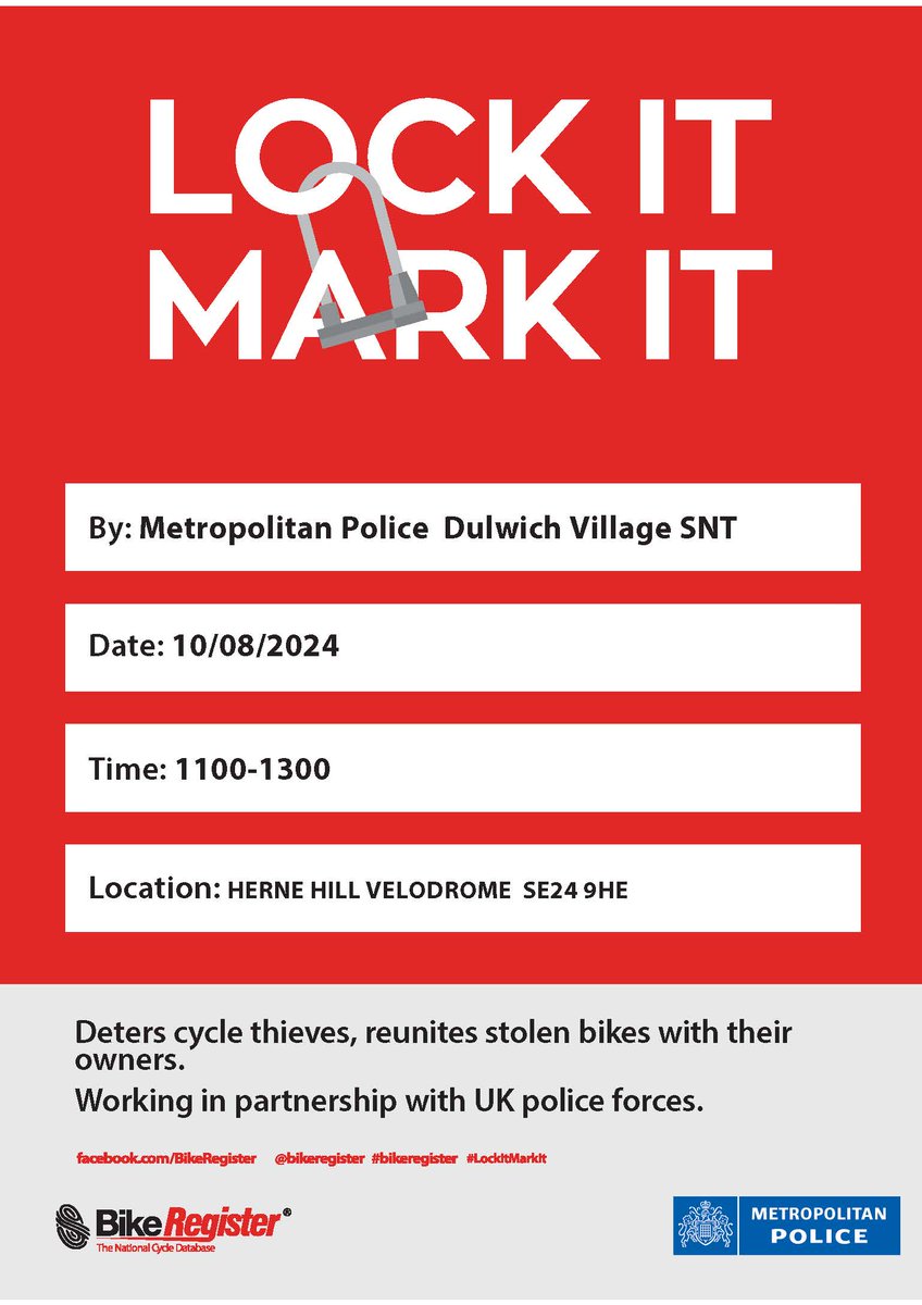 Officers from Dulwich Village SNT will do another Bike Marking event in the Village. Reduce your risk of theft by getting your bike security-marked and registered with BikeRegister.Come along to get your bike marked free of charge – or just to meet your local team.