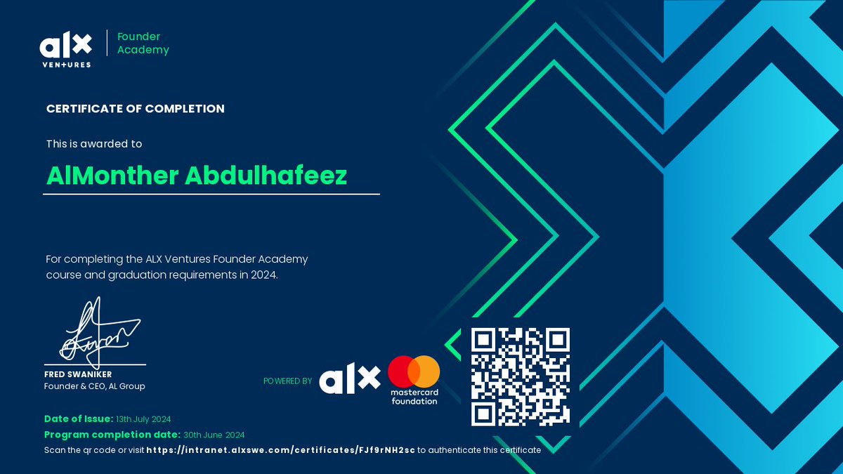 AlMonther_N's tweet photo. 🎉Proud to announce I’ve graduated from the ALX Founders Academy as part of the first cohort! 🎓✨

Details about the program: [ALX Founders Academy](https://t.co/YVQLVohN4r)

#ALXFoundersAcademy #Entrepreneurship #Graduation #FirstCohort #Innovation #Leadership  #DoHardThings https://t.co/Ib7bh7O0XN