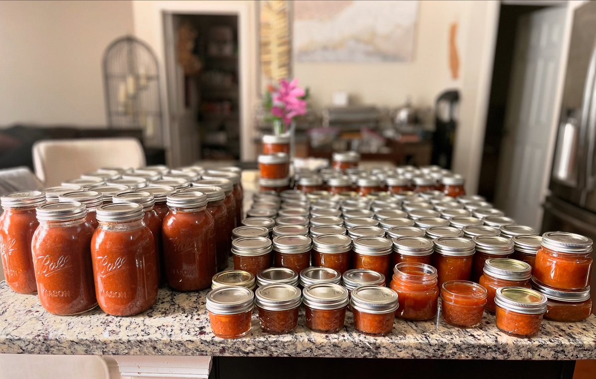 ChefGG76's tweet photo. 200 pounds of peaches were given to me earlier this week…Not one was wasted! 🧑🏽‍🍳
My kitchen looks like a market. 🍑

Peach BBQ Sauce
Peach Preserves &amp; Marmalade 
Pies &amp; Cobblers https://t.co/VEeY6BME3C