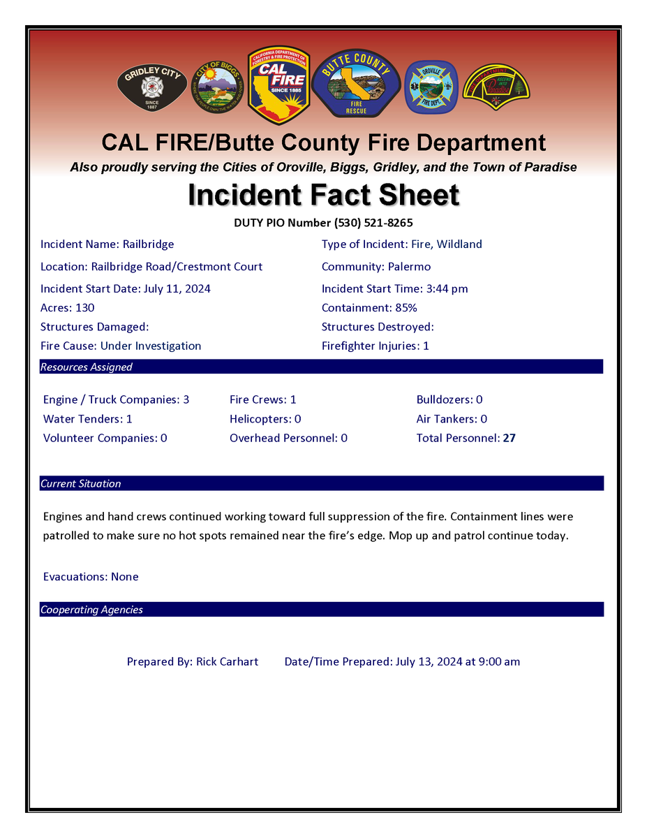 CALFIRE_ButteCo's tweet photo. #RailbridgeFire [update] Incident fact sheet for Saturday morning. https://t.co/ofeqMS0nUl