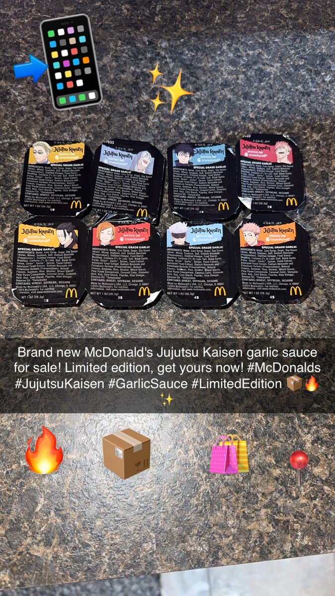 Mi_soleexchange's tweet photo. Brand new McDonald's Jujutsu Kaisen garlic sauce for sale! Limited edition, get yours now! #McDonalds #JujutsuKaisen #GarlicSauce #LimitedEdition 📦🔥✨ https://t.co/yuZvv8p7U0