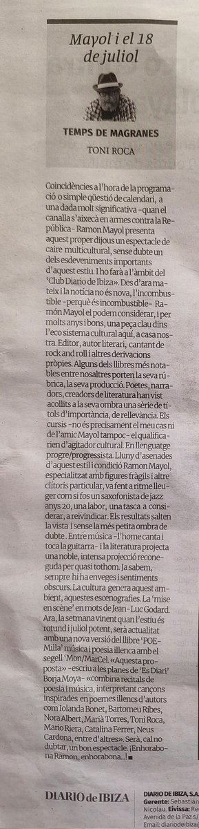 MonEivissa's tweet photo. Un recordatori de la cita de dijous al Club Diario de Ibiza...
TONI ROCA: Wapoooo!!!
#POEMilla #cançons #recital @Diario_de_ibiza https://t.co/4AfXPgfwZz
