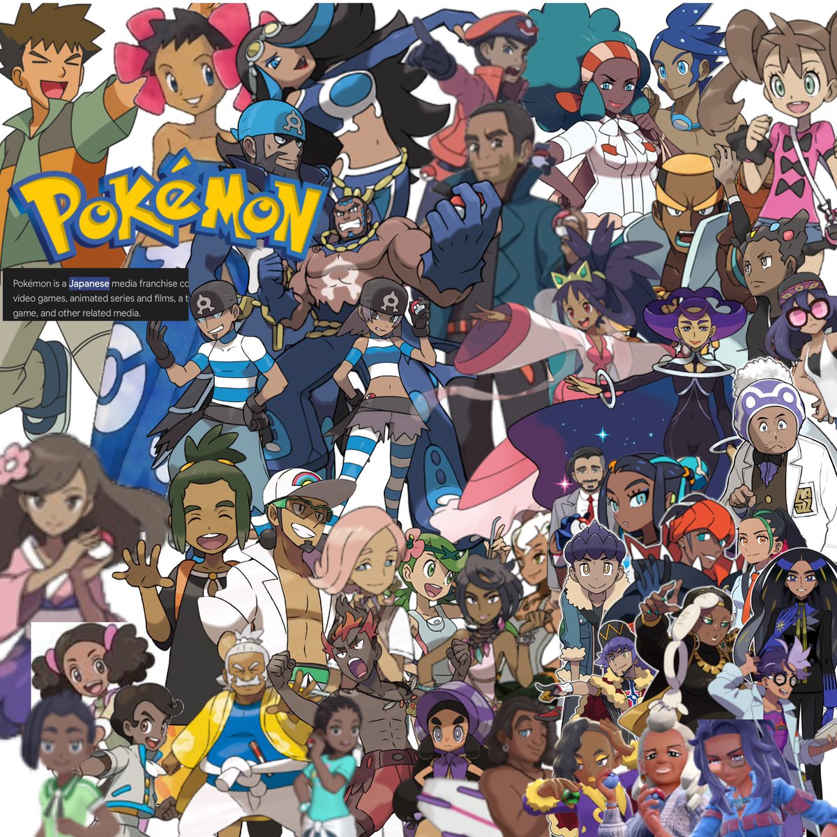 honeyjaxx's tweet photo. pokemon!! went in gen order bc ppl like to say they only recently started being diverse when that is not true !!! this isn’t even everyone i ran out of room 😭😭 plus some bonus characters bc i love woketendo in conclusion idgaf where company is from https://t.co/FxV2UuJPwZ