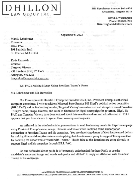 GOPChristianCo's tweet photo. @TomLowry1650382 @BillEigel Ask him about the cease and desist letter from Trump's campaign? Eigel's PAC was tricking Trump donors into donating to his PAC, without their knowledge. All of those thousands of donors thought they were donating to Trump, when Eigel was actually tricking them. https://t.co/XMsa94ceEc