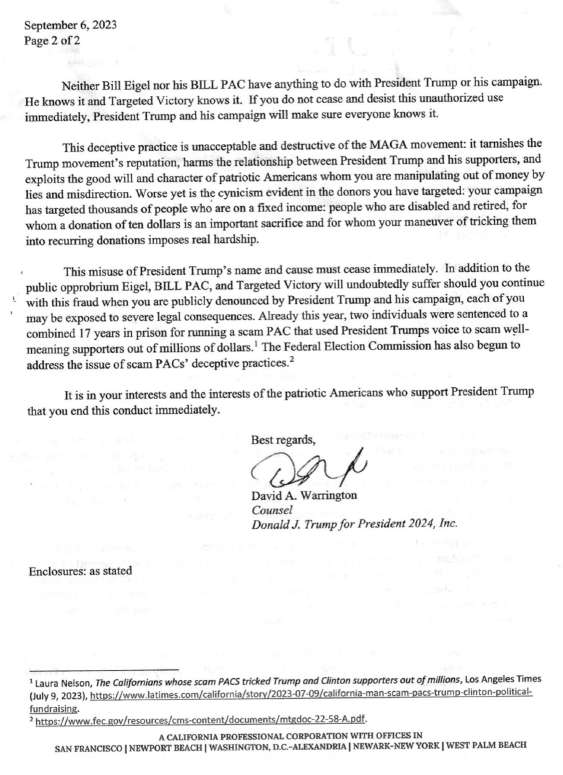 GOPChristianCo's tweet photo. @TomLowry1650382 @BillEigel Ask him about the cease and desist letter from Trump's campaign? Eigel's PAC was tricking Trump donors into donating to his PAC, without their knowledge. All of those thousands of donors thought they were donating to Trump, when Eigel was actually tricking them. https://t.co/XMsa94ceEc