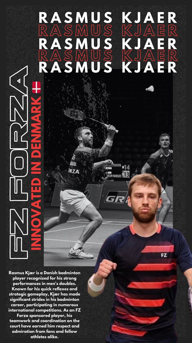 FZFORZAPARTNER's tweet photo. 🏸 Meet Rasmus Kjær, our outstanding Danish badminton player! His quick reflexes and strategic gameplay have made him a force to be reckoned with. Proud to have him on Team FZ Forza! 🇩🇰 #Badminton #FZForza #RasmusKjær #Sports #Athlete #Denmark https://t.co/2pQjjoPm55