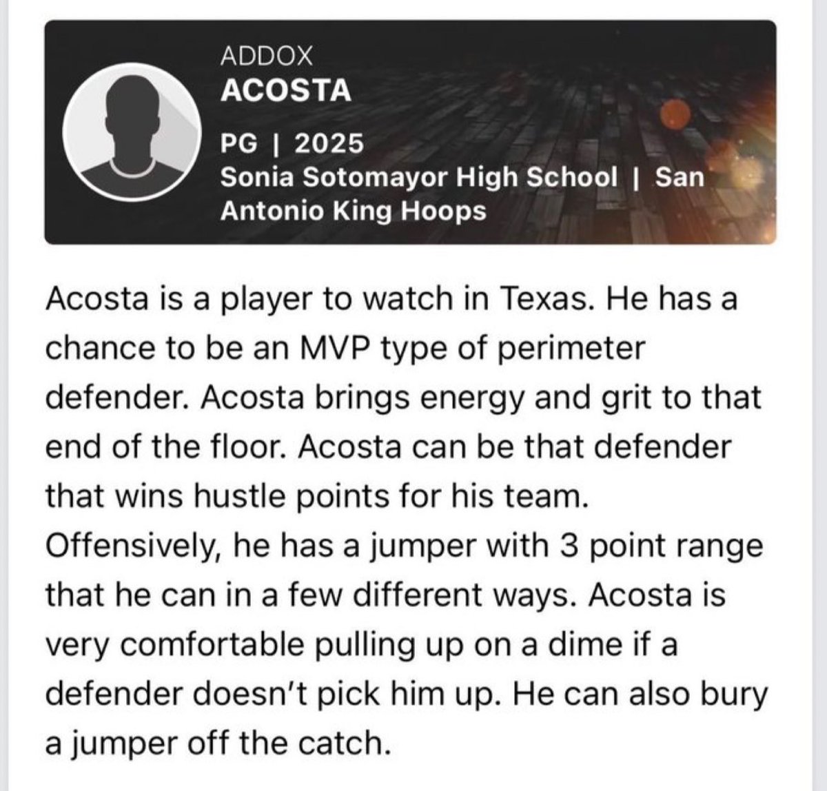 AddoxAcosta's tweet photo. @WWFEMedia @KevinMoses38 @Uorangemen2 @UpNextAgency8 @coachMinor3 @Bucket_Giver @ExpoHoops @CoachHollenbeck @VermilionCCMBB @hoopdreamsbball @FC_Hoops_ Addox Acosta
Class of 2025
5’9” / 140lbs / Guard
GPA: 3.5
HS:  San Antonio Sonia Sotomayor High School AAU: @sakinghoops
@UOrangemen @BigA_SATX @CoachW40 @imjustdriven @BKLOUNGE927 @CoastRecruits @KevinMoses38 @CeroromoBragg @NAIAHoopsReport https://t.co/M7vRBv4e8l