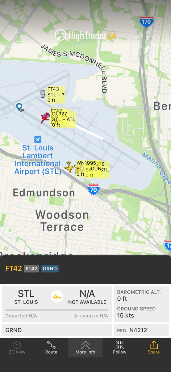 SquawkTracker's tweet image. Flight FT42 from St. Louis 
fr24.com/FT42/36219005 safely landed at St. Louis. All appears to be OK.