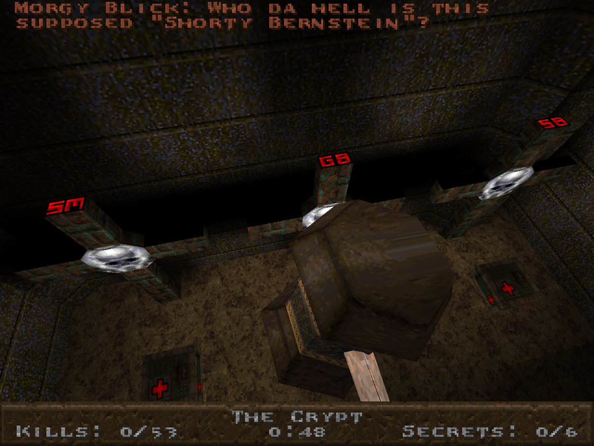SlappyCromwell's tweet photo. In Quake: Scourge of Armagon, HIP2M4's tombstones bear the initials SM, GB, and SB. The Quake Fandom alleges these stand for Steve Martin, George Burns, and Shorty Bernstein.
Well, I'm calling you out, @Quake! There's no "Shorty Bernstein"! Who've you truly entombed!? #quakelore https://t.co/uJawkE39zw