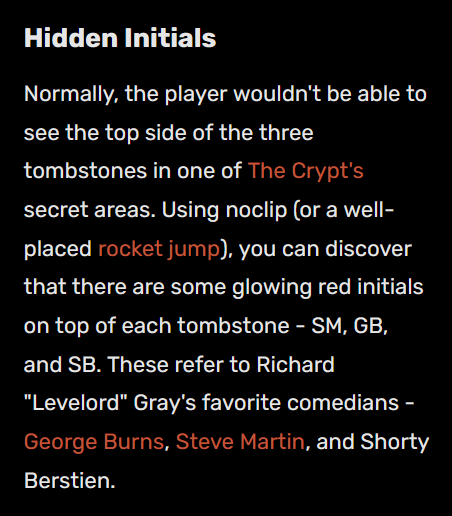 SlappyCromwell's tweet photo. In Quake: Scourge of Armagon, HIP2M4's tombstones bear the initials SM, GB, and SB. The Quake Fandom alleges these stand for Steve Martin, George Burns, and Shorty Bernstein.
Well, I'm calling you out, @Quake! There's no "Shorty Bernstein"! Who've you truly entombed!? #quakelore https://t.co/uJawkE39zw