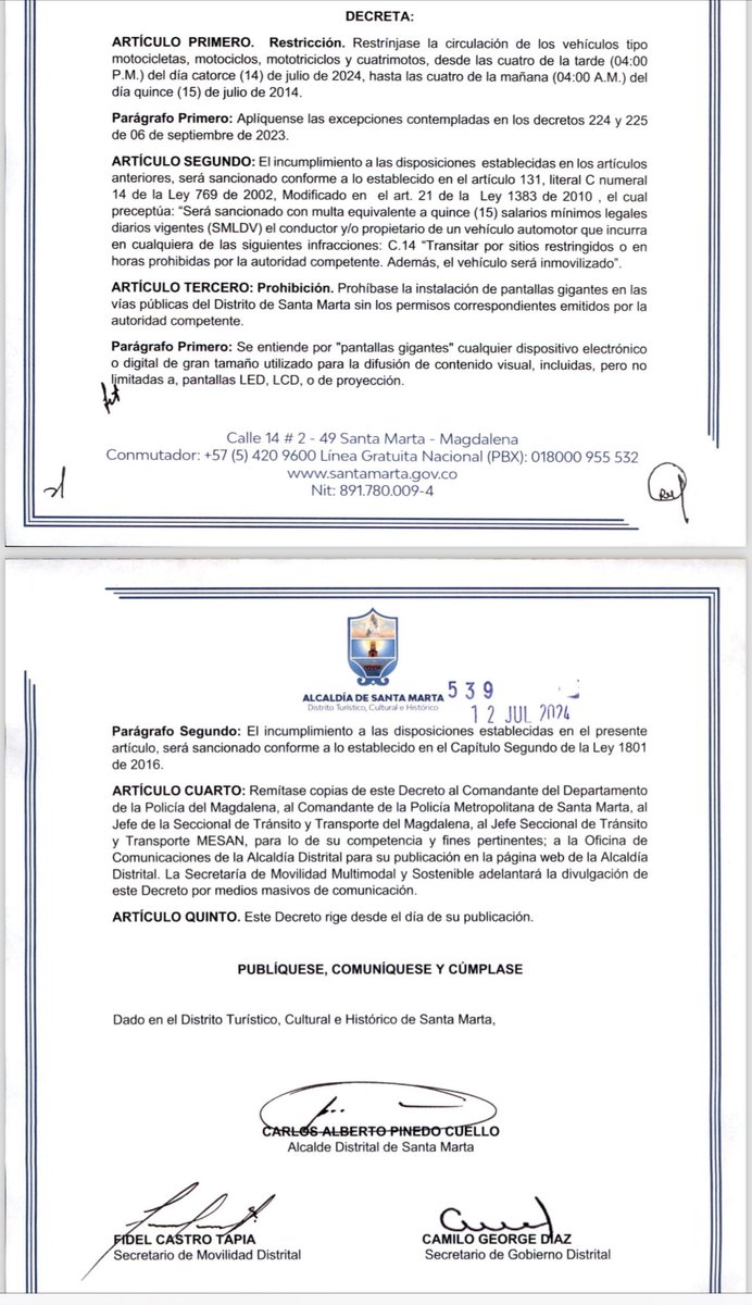 Para mañana domingo, partido Colombia Vs Argentina, el alcalde <a href="/CarlosPinedoC/">Carlos Pinedo Cuello</a>  ha dispuesto: 
-prohibición tránsito de motos a partir de  las 4 pm del domingo. 
-prohibición instalación pantallas gigantes en espacios públicos 
-Más de 1,000 policías dispuestos por parte del Cr