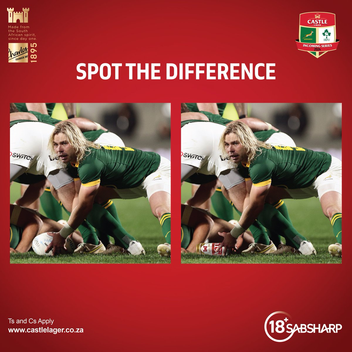 CastleLagerSA's tweet photo. The score is @Springboks ๐ฟ๐ฆ 21 โ 19 @IrishRugby with twenty minutes to go! ๐ฅ Spot The Difference in the two images! ๐ Reply when you spot it using #CastleIncomingSeries ๐ป https://t.co/ezW1mJh8wh