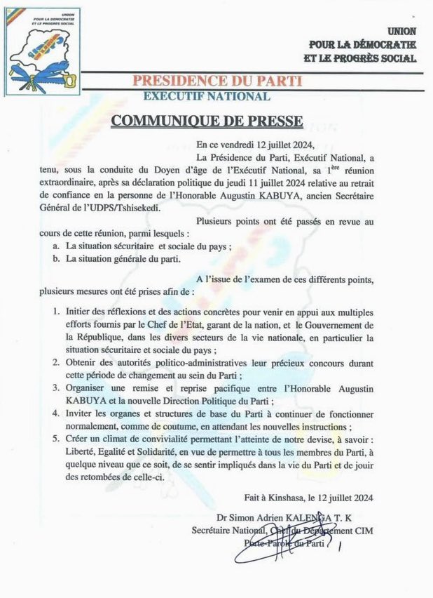afrikarabia's tweet photo. #RDC Crise à l’#UDPS #Tshisekedi : l’exécutif national a tenu sa première réunion « relative au retrait de confiance » du sec. général du parti présidentiel @AugustinKabuyaT. Le porte-parole Simon #Kalenga parmi les frondeurs 👇 https://t.co/b26o88U25x