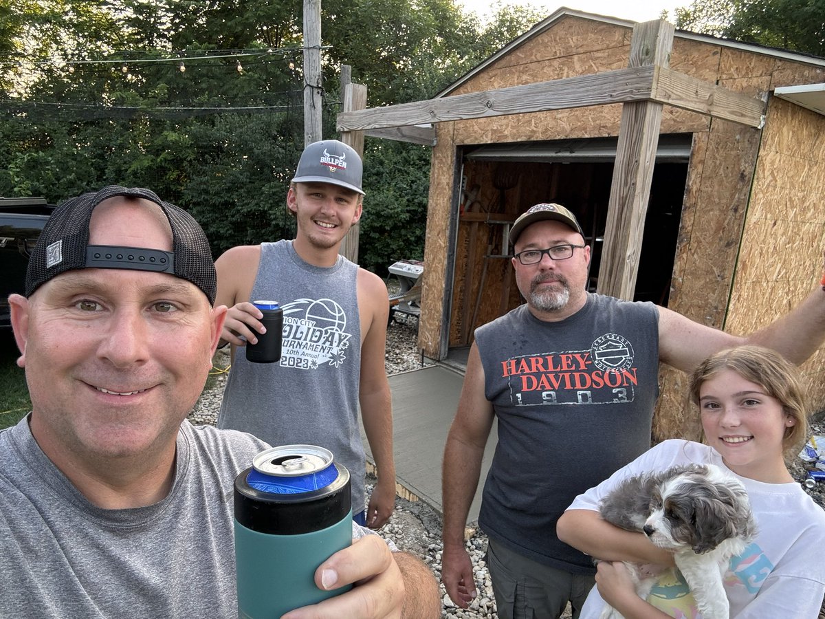 brad_douglas's tweet photo. Is this why we mow on Thursdays?!?! 😂 He’ll yes it is… 🍻 to good friends & family for the help pouring the new concrete ramp!!! @bradyn_douglas @trdouglas1221 @jbbennett32 Ben Perkins @OutKickTNML #BusterDaPupper https://t.co/0FppKmpodq