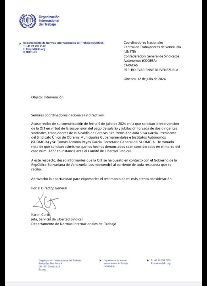 #13Jul La internacional del trabajo <a href="/OITAmericas/">OIT Américas</a> envía acuse de recibo a centrales sindicales del pais Unete y Codesa en cuanto a la solicitud de  atención inmediata referido a jubilaciones Forzadas por parte de la alcaldía de Caracas a directivos sindicales <a href="/suomgia/">SUOMGIA DCML</a>