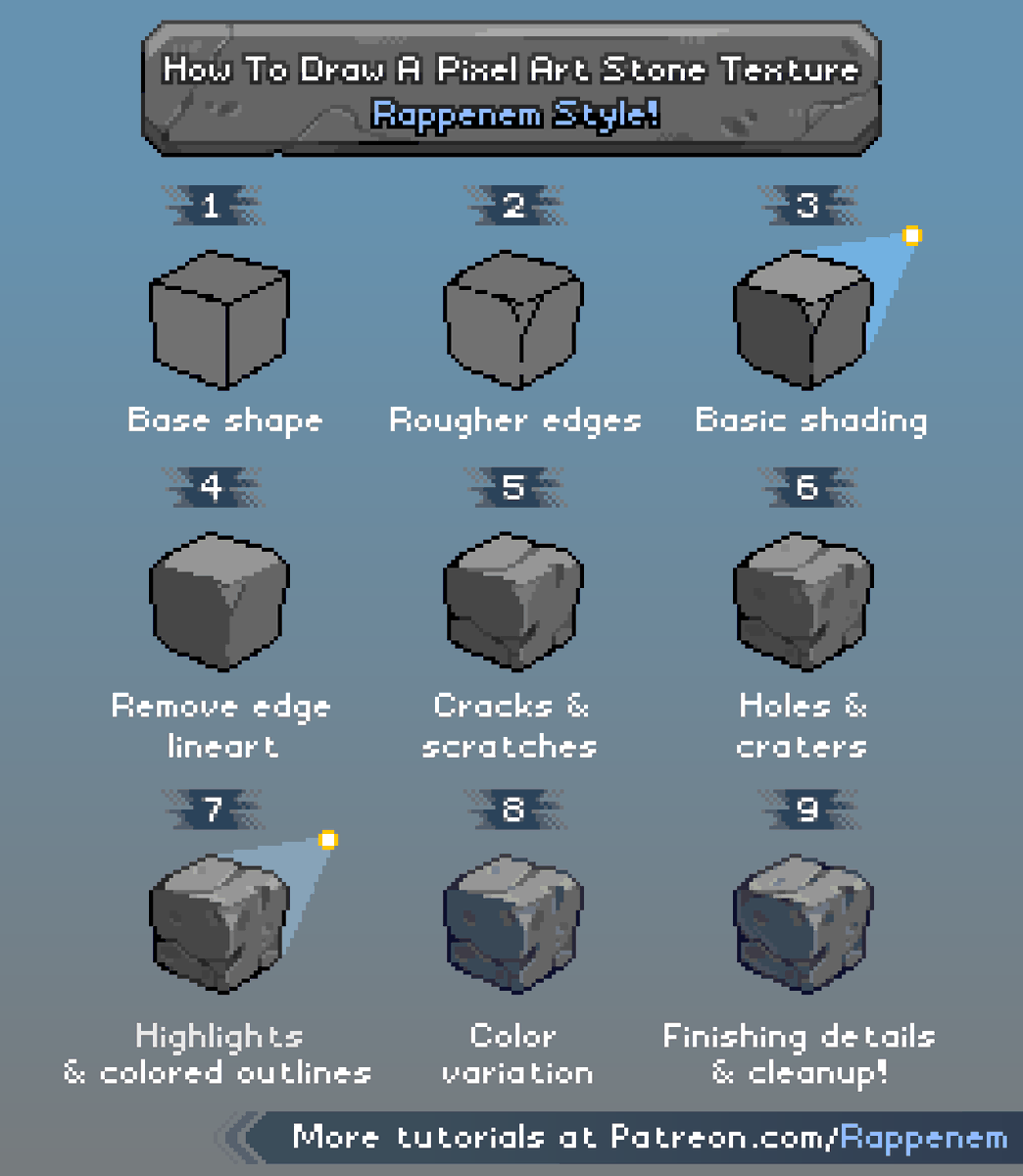 Rappenem's tweet image. Here&apos;s a little tutorial on how to texture stone  🪨
#pixelart