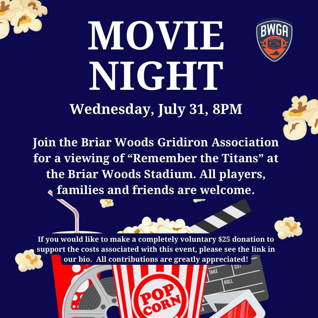 Join us for a family-friendly movie night at Briar Woods Stadium! 🎬🍿

See the link in our bio to make a voluntary donation to help with the costs associated with this event. Thank you for your support!
