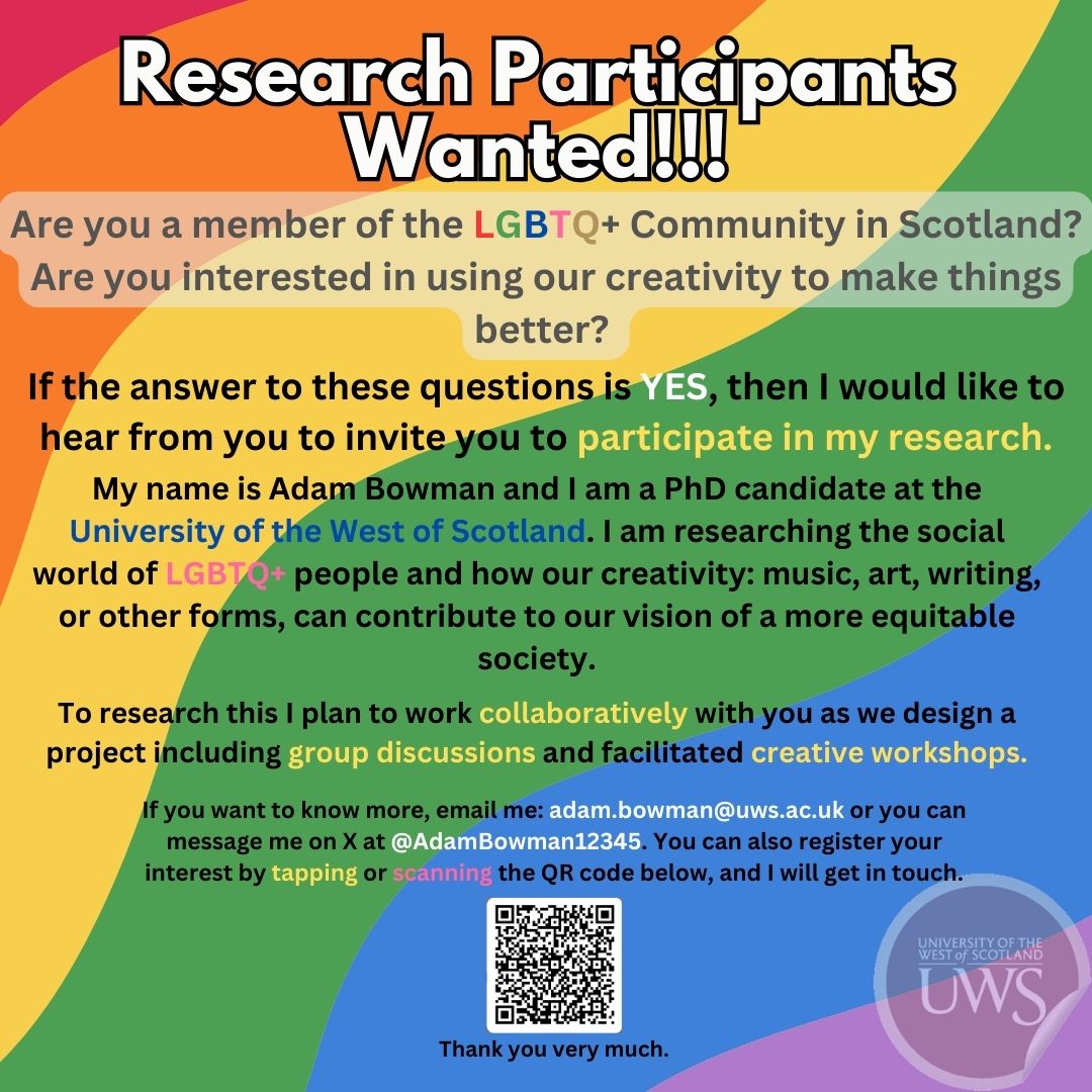 AdamBowman12345's tweet photo. Call for participants!   Looking for LGBTQ+ people in Scotland for research social worlds using fun creative workshops! Get in touch to find out more!  Thank you!📷 #scotland #reseacrh #uws #creativity #music #art #communityarts

https://t.co/MugNCY7QeD https://t.co/nnHJEjHdzz