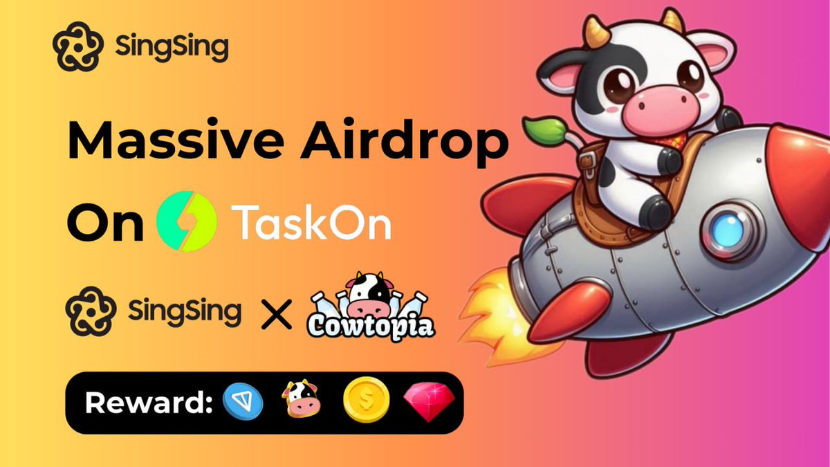 🚀 Announcing SingSingxCowtopia's First Airdrop! 🌟

To congrats on our partnership with @CowtopiaTON, we bring a massive airdrop!

Join now on TaskOn and don't miss out 👉 rewards.taskon.xyz/campaign/detai…

🗓 Timeline: Now - 14:00 UTC to Jul 20
🎁 Prize Pool: 50 $TON + 750,000 $COW +