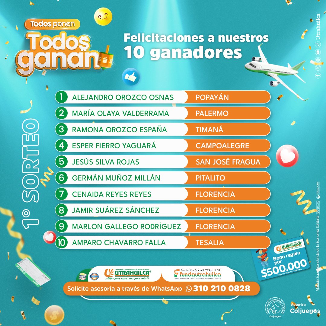🎉 ¡Felicitaciones! Estos son los 10 primeros ganadores del plan de estímulos ‘Todos Ponen, Todos Ganan’, el próximo puede ser usted. Participe ahorrando y aportando en UTRAHUILCA. 🤩 Conozca términos y condiciones de la campaña en nuestra página web: utrahuilca.coop/TodosPonenTodo…