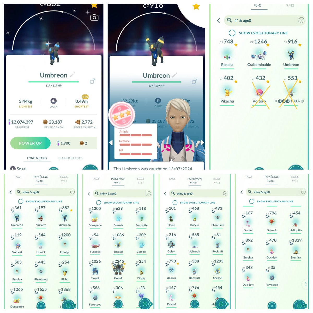 PoGoMick's tweet photo. 41 shinies and 4 hundos from day 1. Highlights being hundo scarf Umbreon and shiny xxs scarf Umbreon 🥰

Also 2 sore legs and 1 sore back 🤣 https://t.co/KzUoet3VlH