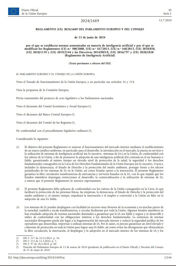 📖 Se publicó el Reglamento 2024/1689 de #InteligenciaArtificial #AIAct de la Unión Europea, la primera normativa en el 🌍 que regula el desarollo, la puesta en servicio y la utilización de los sistemas de #IA para promover la adopción de una #InteligenciaArtificial centrada en