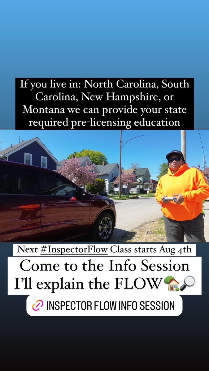 HouseHunter216's tweet image. We’re now certified to provide Home Inspector Pre-Licensing education for : New Hampshire, Montana, North Carolina, &amp;amp; South Carolina 🏡🔎💪🏾
#InspectorFlow 

Learn more at the Info Session 
Wed July 17th 7pm EST

Register Here: 
us02web.zoom.us/j/85442971296