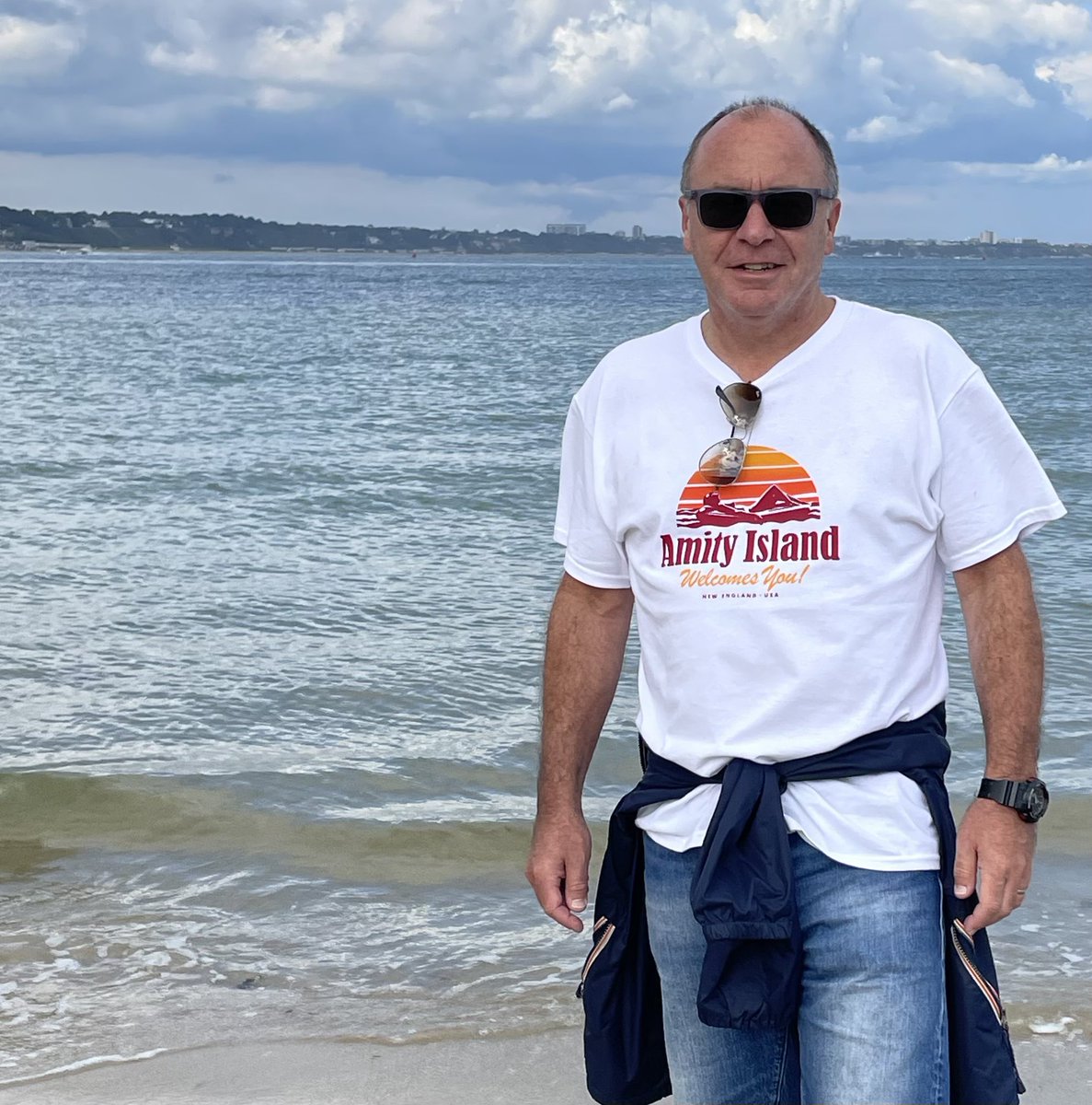 JDumville's tweet photo. First outing for the new @LASTEXITshirts  #Amity #Jaws t-shirt. 
 
And no, I didn’t go for a swim… 

#shellbay #Studland #Dorset https://t.co/ZtWGpSRCqL