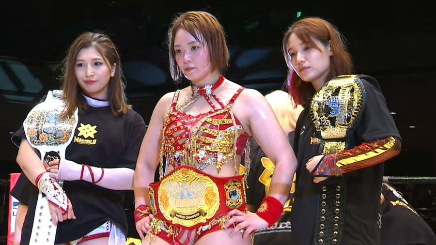 ClassicChrisLee's tweet photo. Your๐ผ MARIGOLD ๐ผChampions:
Marigold World Champion - Sareee
Marigold National Champion - Miku Aono
Marigold Superfly Champion - Natsumi Showzuki
#pw_mg
@DSF_Marigold
@Marigold_Joshi
#SummerDestiny https://t.co/6o6ULqbrOU