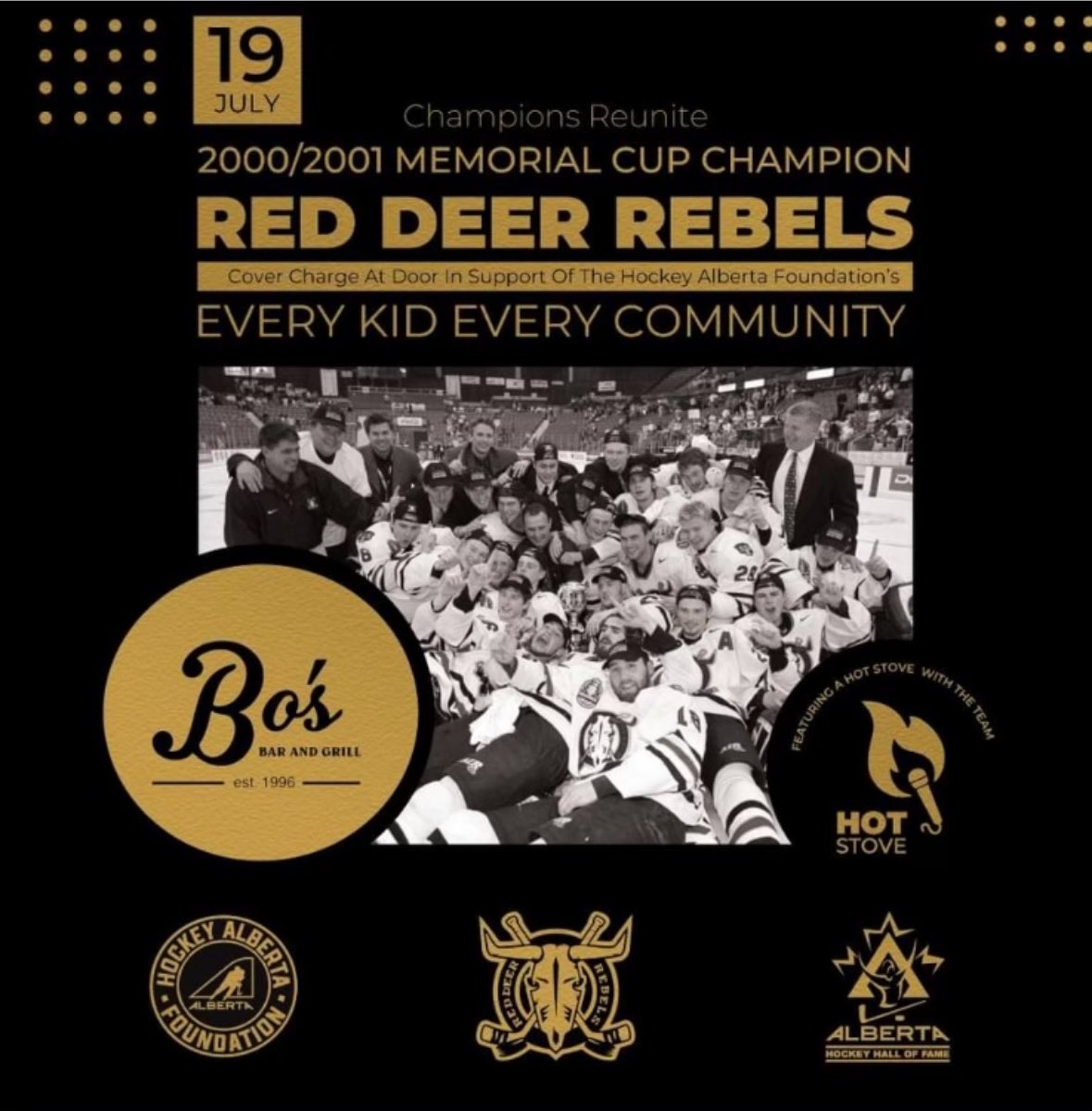 armdog's tweet photo. 🚨The boys are back in town!!🚨
🗓️ July 19th
📍 Bo’s Bar and Grill 
2310 50th Ave, Red Deer, Alberta

💰at the door in support of @HockeyAlberta 
Every Kid Every Community

Little hot stove with a bunch of the 2000/2001 Memorial Cup team. 
See ya there 🏆 https://t.co/RiOzecYyEo