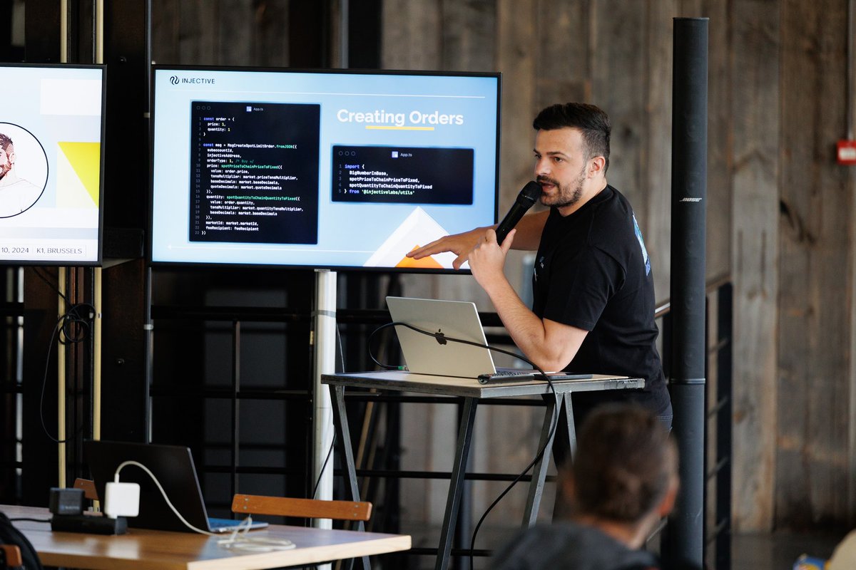 injective's tweet image. Developer focused workshops were held upstairs during the Builder House.

The first was led by Injective Labs engineer Ivan who gave an in-depth presentation on Injective’s robust developer toolkit with technical walkthroughs on launching dApps, interacting with APIs &amp;amp; more.
