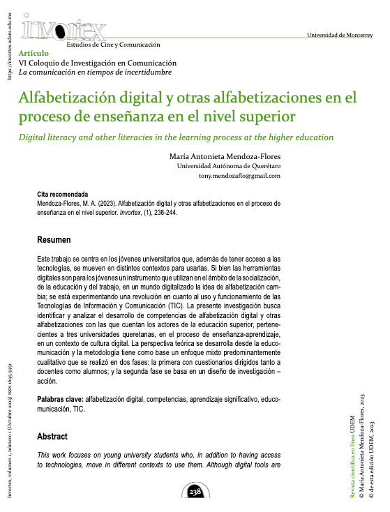 MCCD_UAQ's tweet photo. #DivulgaciónMCCD| 📖👍Artículo científico

Tony Mendoza, egresada de la #MCCD, escribe el artículo "Alfabetización digital y otras alfabetizaciones en el proceso de enseñanza en el nivel superior", en la revista Invortex. Estudios de Cine y Televisión. 😎

#alfabetizacióndigital https://t.co/rGfMnxJNcT
