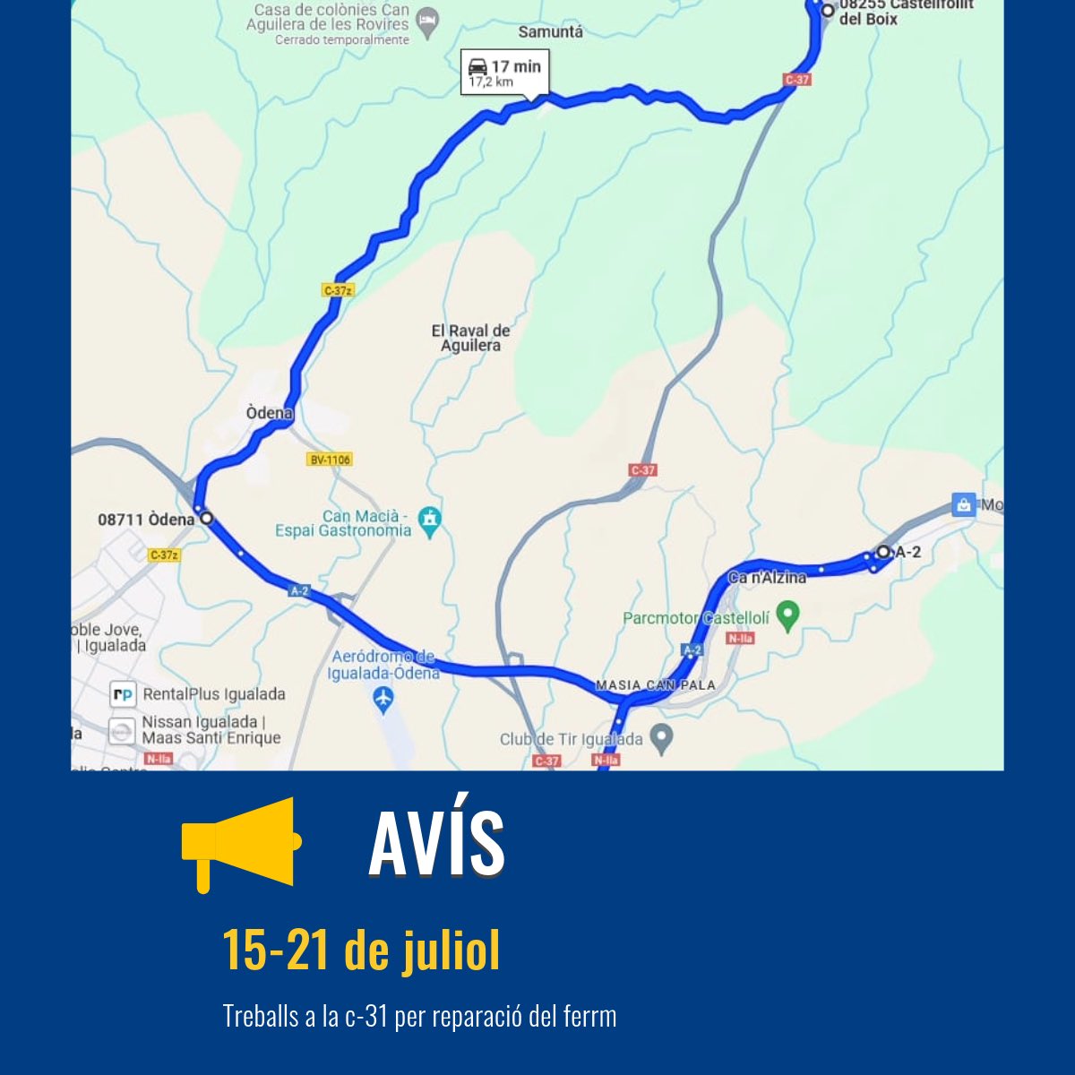 OdenaCat's tweet photo. ‼️ Nits de dies 15, 16 i 19: Desviament sentit sud entre Castellfollit del Boix de la C-37 fins l’A-2 de la C-15
‼️ Nits de dies 17 i 18: Desviament sentit sud entre Castellfollit del Boix de la C-37 fins l’A-2 de la C-15, i tall de la sortida 558 de la A-2 a la C-15 https://t.co/04LBGgPTQT