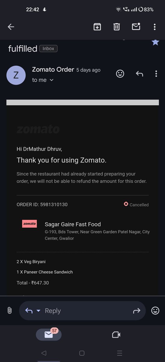 DrDhruvMathur3's tweet image. Ordered food on 8th july,and paid rs 650/- from simpl pay  order cancelled from @zomato and didn&apos;t receive the order..neither delivery agent nor service centre nobody called and when i asked for refund they denied, i mean why ? @zomatocare @jagograhakjago @consumercourtin