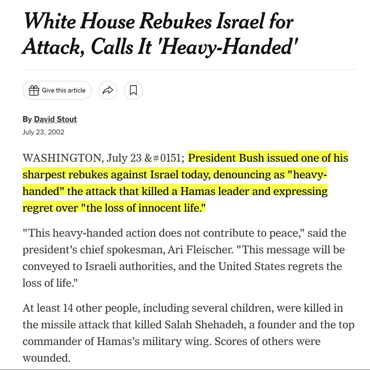 muhammadshehad2's tweet image. In 2002, George Bush strongly condemned Israel for killing Hamas&apos; TOP most wanted militant b/c 14 Gazans were killed in the same strike

Today, Israel slaughtered about 100 civilians in the Mawasi &quot;humanitarian safe zone&quot; &amp;amp; Biden was the one to give them to bombs then say NOTHING