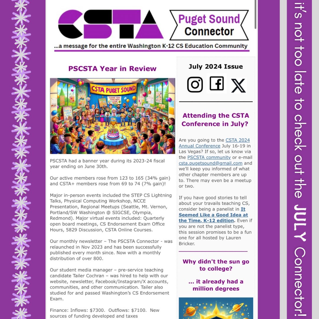 Looking for a way to kick off your weekend? Or for a way to beat the heat? We’ve got you covered! Check out our July Connector!!

pugetsound.csteachers.org/bulletin/View/…

As always please share our page and connector to anyone you think could use it! We hope you have a great weekend☀️🎉

#csta