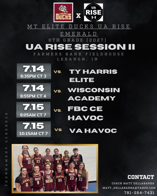 Excited for <a href="/RiseCircuit/">UA Rise Circuit</a> session 2 in Lebanon, IN with our 
<a href="/MTEliteDucks/">MT Elite Ducks</a> UA Rise ‘27 Emerald team.  #MTEDFamily #EarnIt