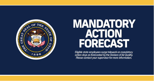 RemoteWorkUtah's tweet image. Surge remote work eligible employees will remote work on Mon, July  15th due to a forecasted mandatory action day. State employees should contact their supervisor with any questions.  #UtahRemoteWork #ProtectTeamUtah #utpol